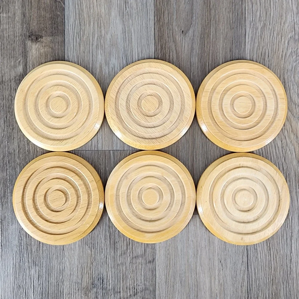 Kamenstein‎ Natural Wood Coaster Set with Caddy 6 Piece Round Concentric Rings